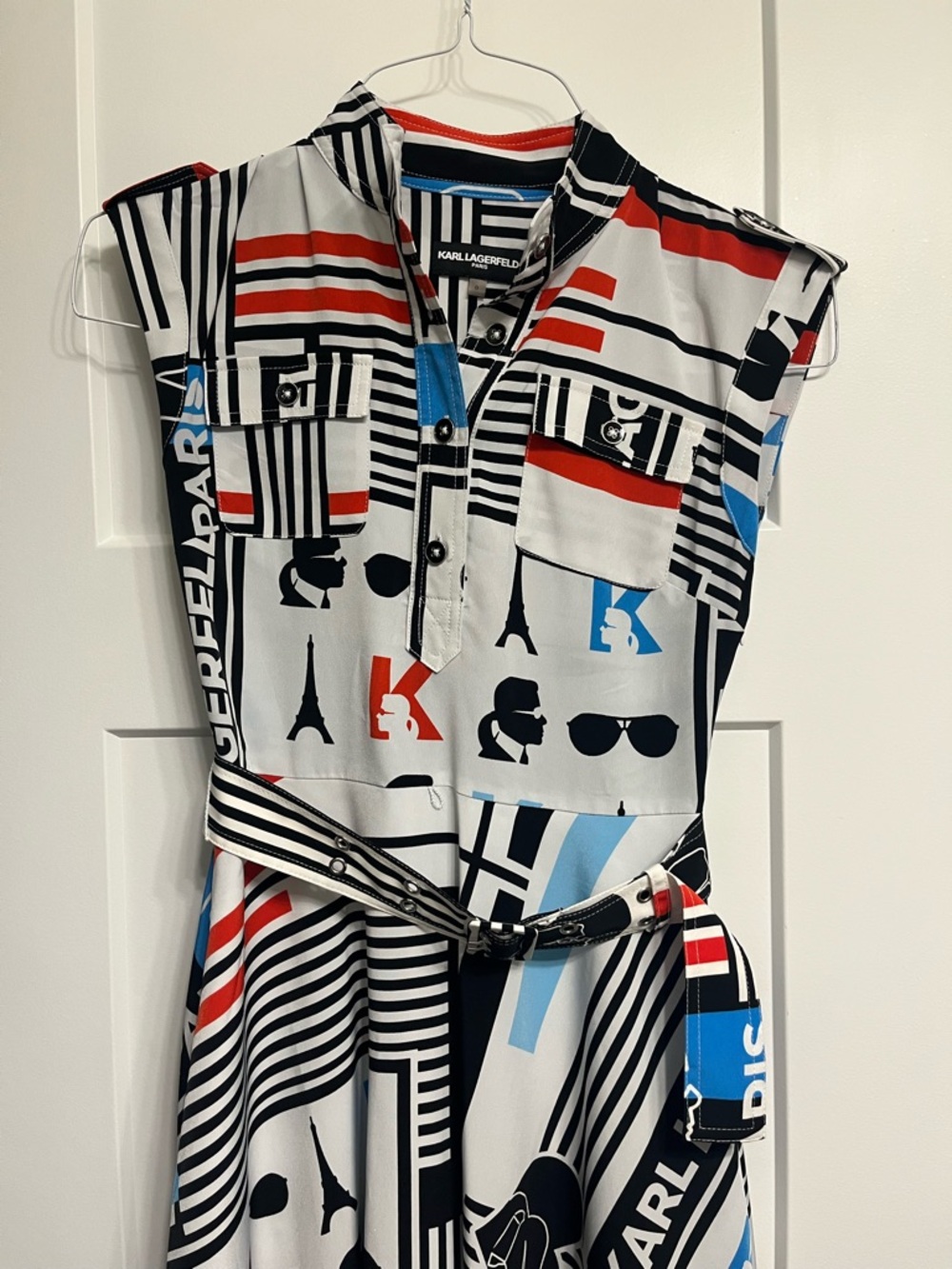 Karl Lagerfeld Black White Red Blue Graphic Shirtwaist Midi Dress - 0